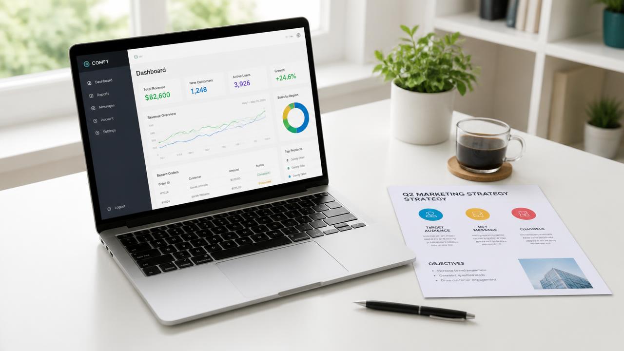 Laptop on a white desk beside a printed one page strategy template and pen