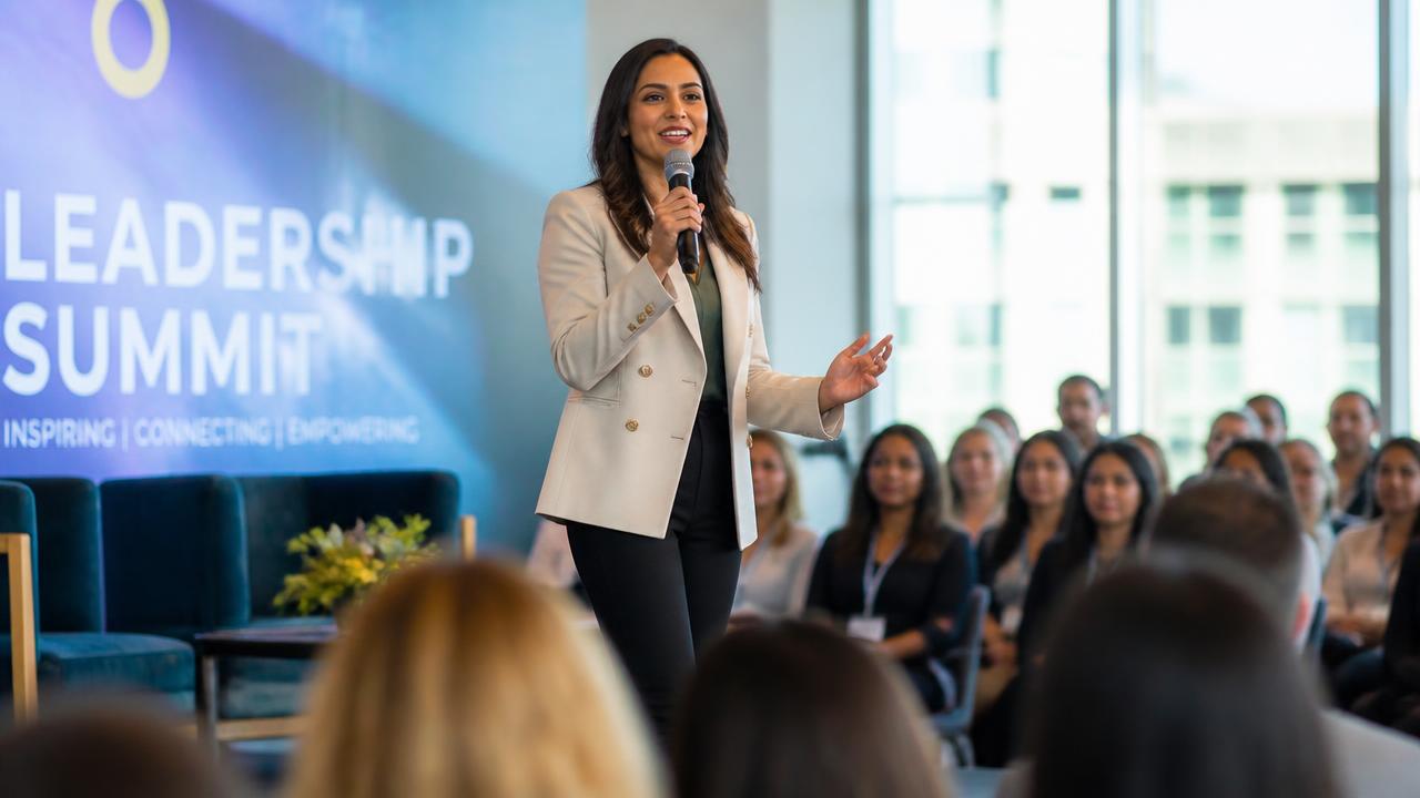Woman speaking with a microphone on stage at a leadership summit