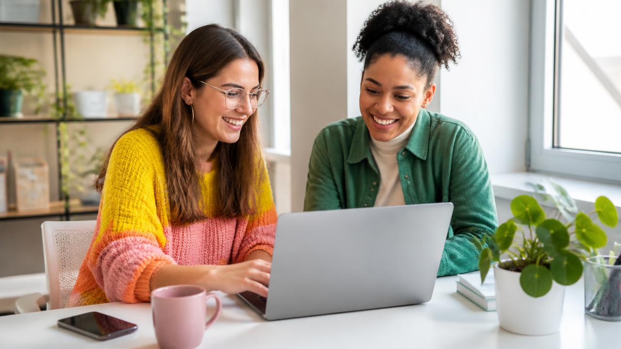 Two women smiling while building a page on a laptop by a sunny window